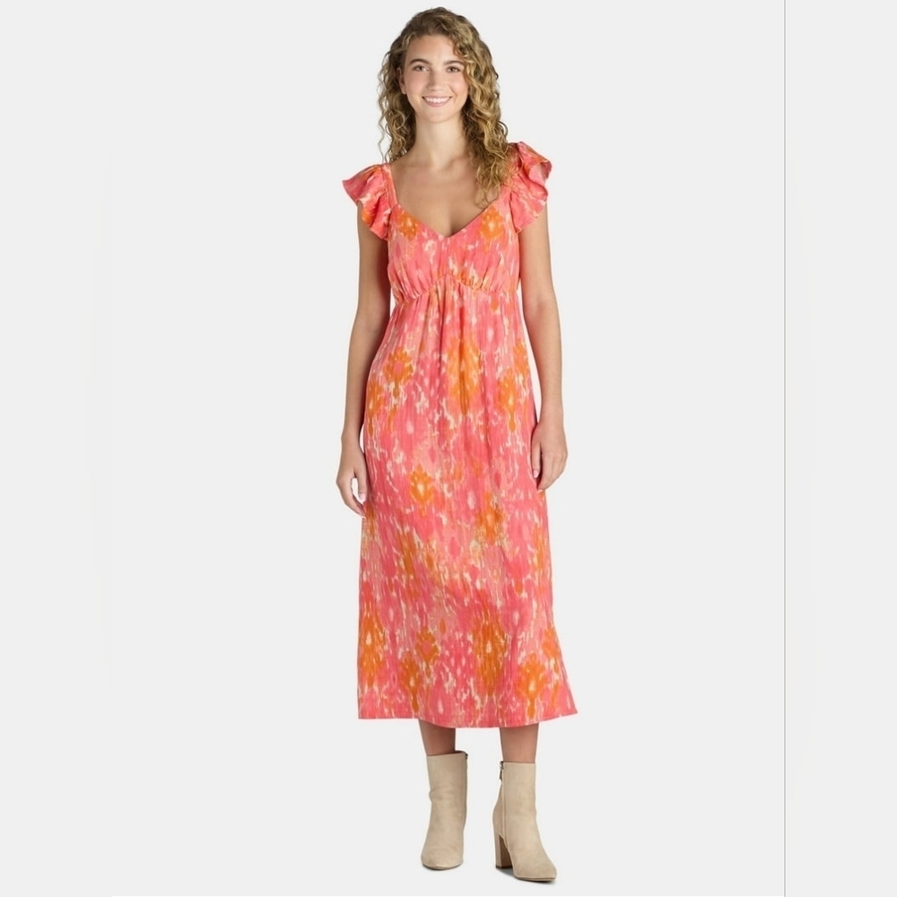 NWT Time Tru Empire Comfort Flutter Sleeve Ikat Floral Midi Dress Pink Orange XS